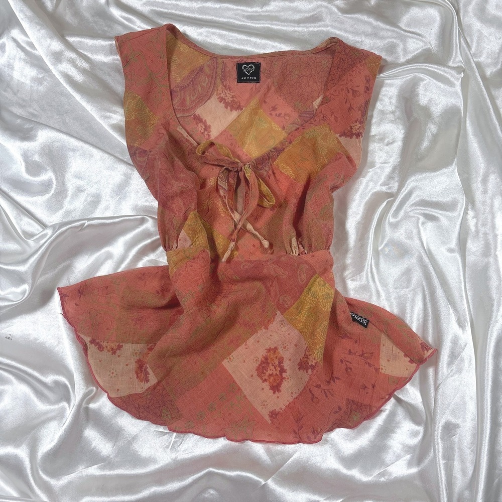 y2k Top Pink Excellent XOXO Jeans Patchwork Paisley Tie Front Babydoll Tank